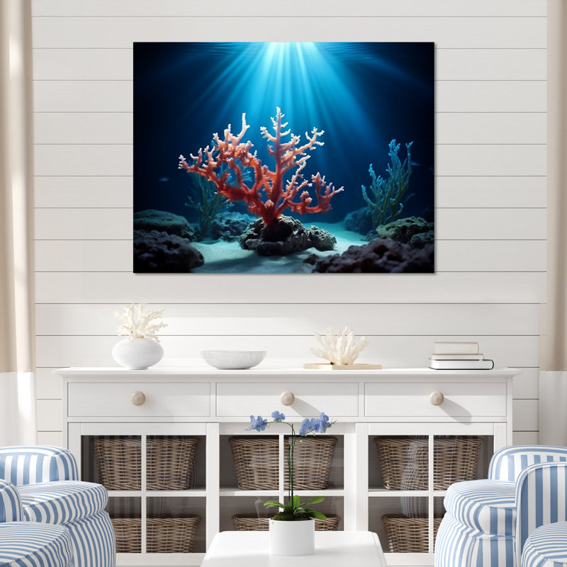 Sous-marin rose, branche de corail - plage et océan, art mural sur toile, Toile tendue, H 12 po x l 20 po