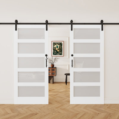 Portes coulissantes doubles de style grange, 5 carreaux, verre trempé dépoli, apprêt blanc, 84 po H x 72 po L, trousse de quincaillerie d'installation, serrure de porte