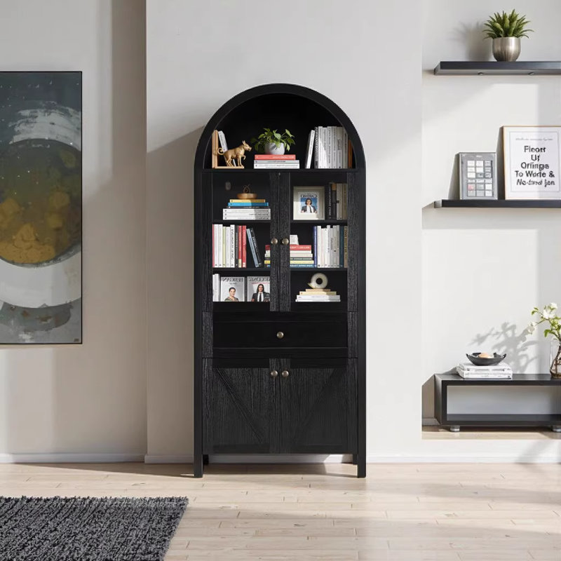 Dome Cabinet, Black - 71.65" High Freestanding Storage Cabinet with Adjustable Shelves, Engineered Wood, American Traditional & Contemporary Rustic Style for Living Room, Dining Room, Study