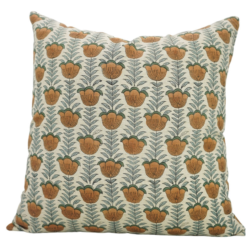 Artisan Floral Block Print Cushion Cover Boho Style Decorative Pillowcase for Living Room & Bedroom, Rectangular, 20"H x 14"W