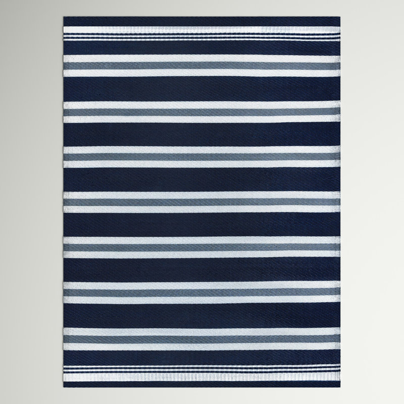 Tapis rayé bleu marine / blanc intérieur / extérieur Monee, Rectangle 8 pi 10 po x 11 pi 10 po