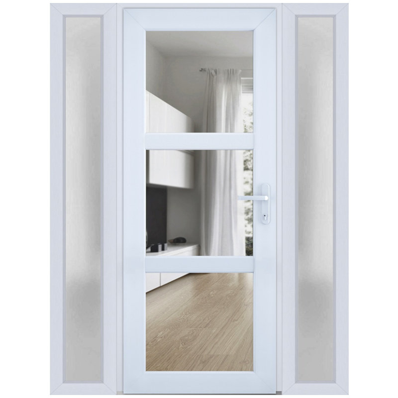 Front Exterior Prehung FiberGlass Door Clear Glass See-through / Manux 8555 White Silk Clear Glass / 2 Side Exterior Windows / Office Commercial and Residential Doors Entrance Patio Garage-W14+36+14" x H80"-Right-hand Inswing