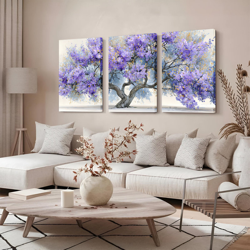 Ensemble de 3 tableaux sur toile représentant un arbre en fleurs violettes, pour la décoration du salon, H 30 po x l 60 po
