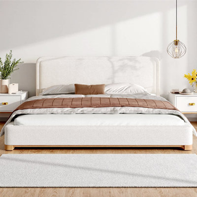 Cocoon California King Upholstered Platform Bed with Curved Boucle Headboard, Solid Rubberwood Base and Legs, Thickly Padded, White Modern Bed Frame, Easy Assembly