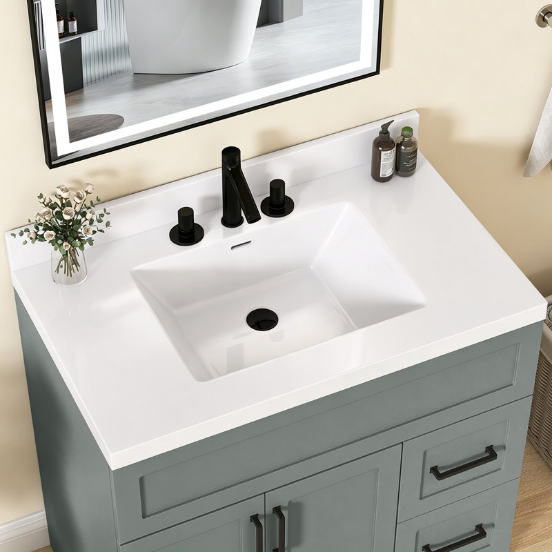 Plan de toilette en surface solide de 76 cm (30 po) de largeur × 56 cm (22 po) de profondeur, avec lavabo central simple intégré, comptoir de salle de bain blanc, dosseret de 9 cm (3,5 po) et 3 trous pré-percés pour robinetterie à entraxe de 20 cm (8 po).
