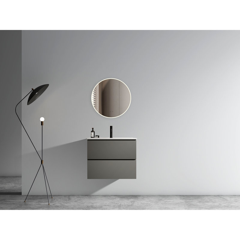Meuble-lavabo avec lavabo en céramique, fixation murale de 61 cm, style gris sidéral, grand espace de rangement, tiroirs silencieux, meuble mural moderne, lavabo de 61 cm, design, système de tiroirs spacieux