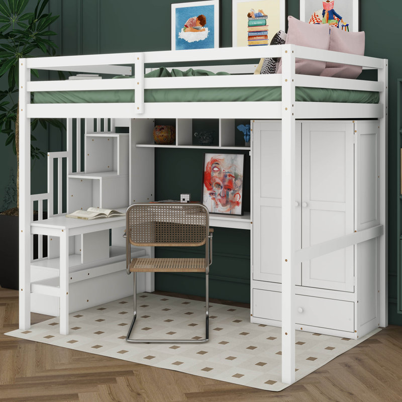 Full Size Loft Bed With Desk And Staircase, Wood High Loft Bed With Charging Station, Bookcase, Wardrobe And Drawers, White