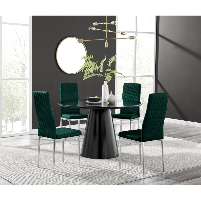 Beca Statement Pedestal Round Dining Table Set & 4 Luxury Velvet Dining Chairs, Black, Green/Black