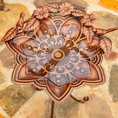 28" Tall Mandala-Shaped Birdbath & Trifold Stand in Antique Bronze "Zina"