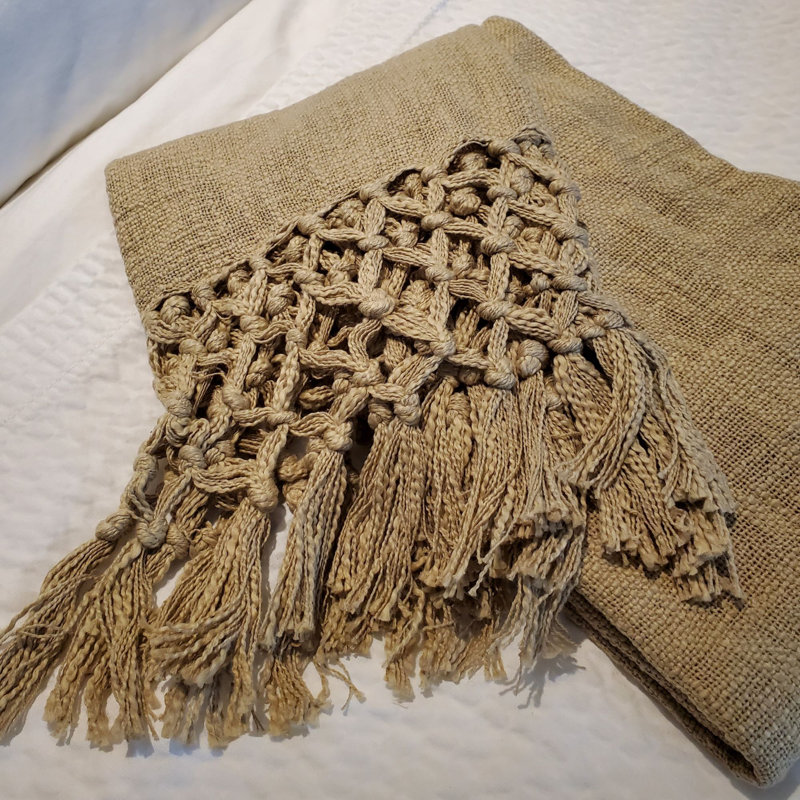 Braden Beige Knitted Cotton Throw Blanket with Fringe