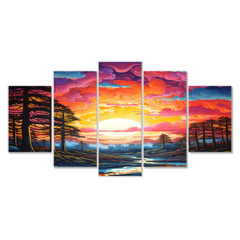 «Majestic Sunset Over The Woods Stream», ensemble d'art mural 5 pièces, H 32 po x l 60 po