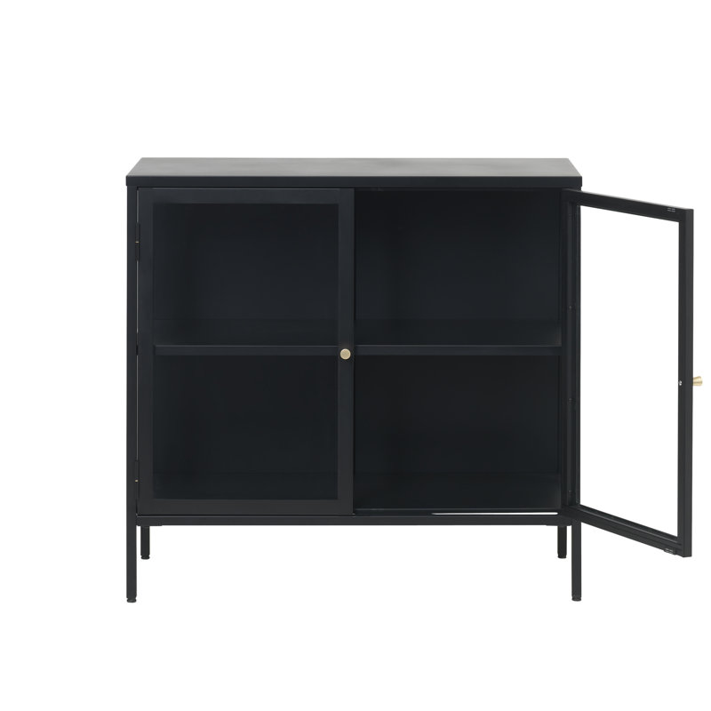 Black and Gold Metal Glass-Paned Storage Cabinet