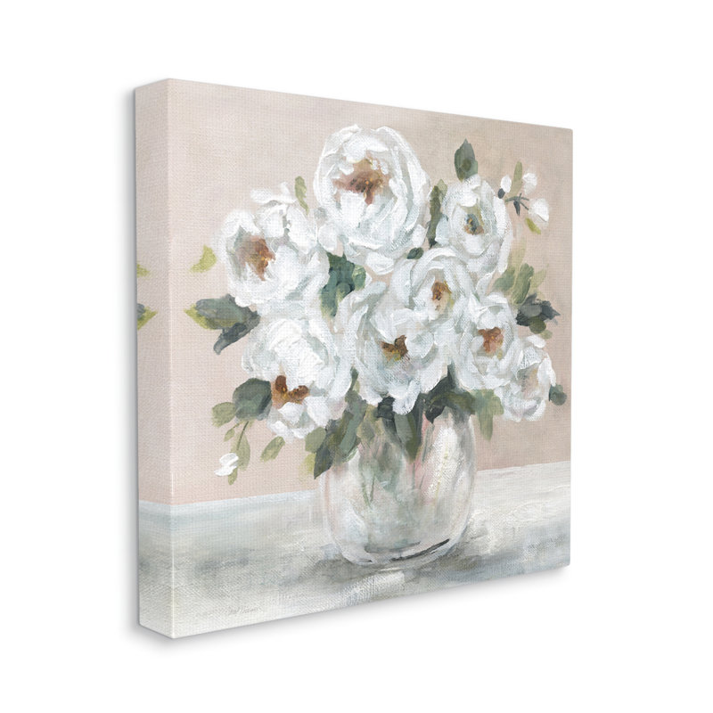 Au-671, toile pivoine blanche sur toile par Carol Robinson, peinture, H 17 po x l 17 po x P 1,5 po