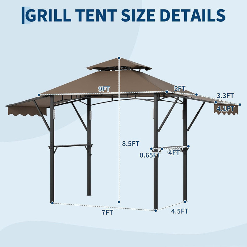 8x5 ft Double-Tier Grill Gazebo with Dual Adjustable Side Awnings, 2 Shelves, 7 Hooks & Ceiling Light Hook, Heavy Duty Steel Frame for Backyard, Patio