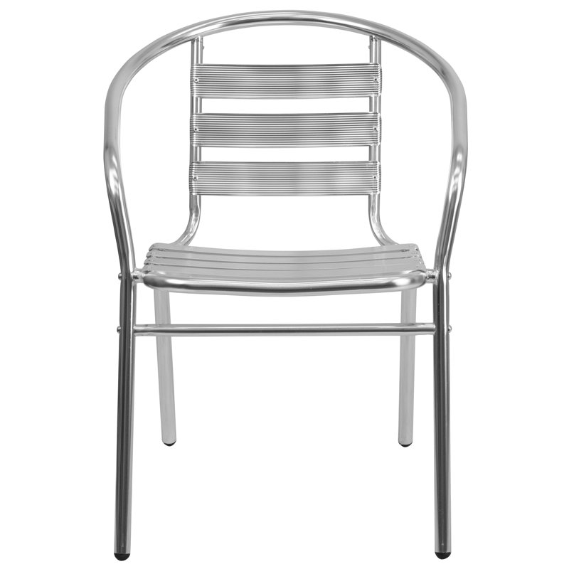 Chaise empilable commerciale en aluminium pour l'intérieur et l'extérieur avec dossier à trois lattes et accoudoirs