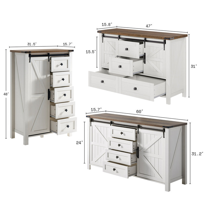 Kriebel Farmhouse 3-piece Bedroom Table Set,White, White