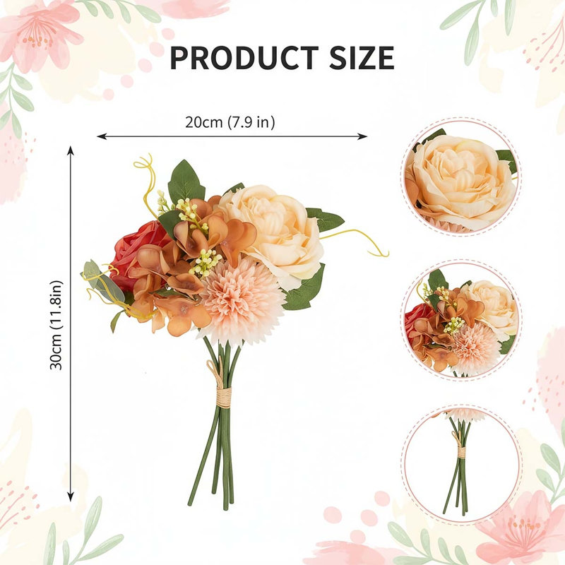 2 bouquets de fleurs artificielles de pivoines et d'hortensias, Orange
