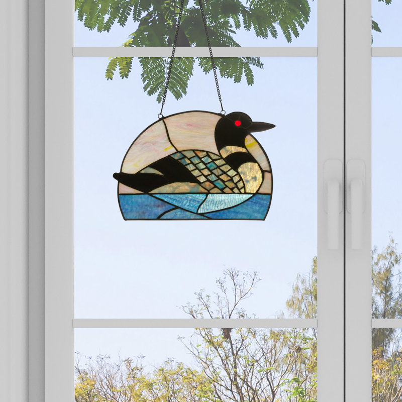 14"L Loon on the Water Stained Glass Window Panel