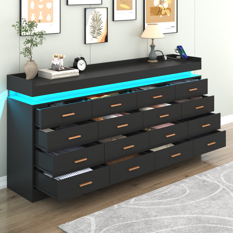 Commode 16 tiroirs l 78,7 po avec station de charge et lumière DEL, Noir