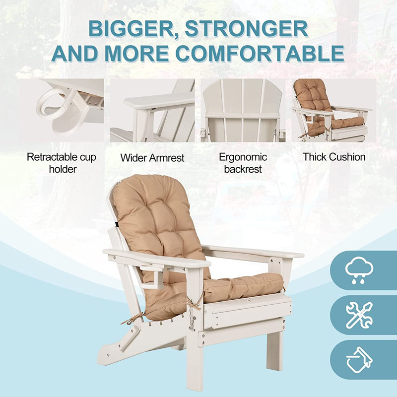 White HDPE Folding Adirondack Chair with Beige Cushions
