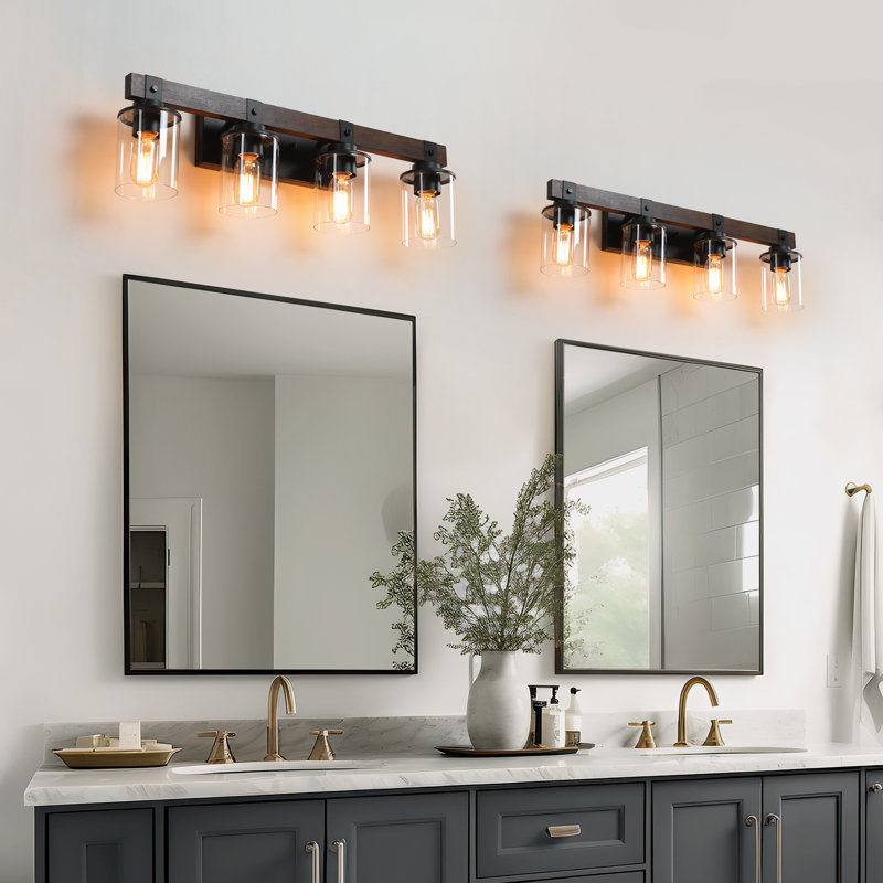 DAKAFUL 4-Light Dimmable Bathroom Vanity Light over Mirror with Wood and Glass Shade, 4