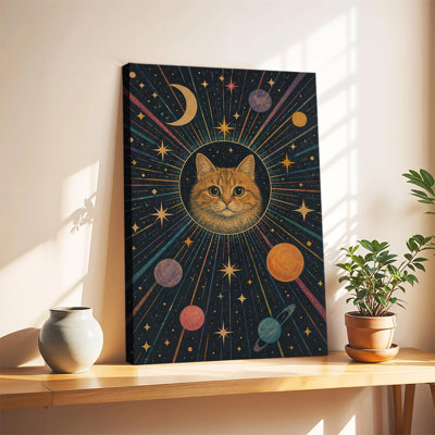 Portrait d'un chat tigré orange entouré de lune, d'étoiles et de planètes - Toile murale vintage sur le thème de l'espace