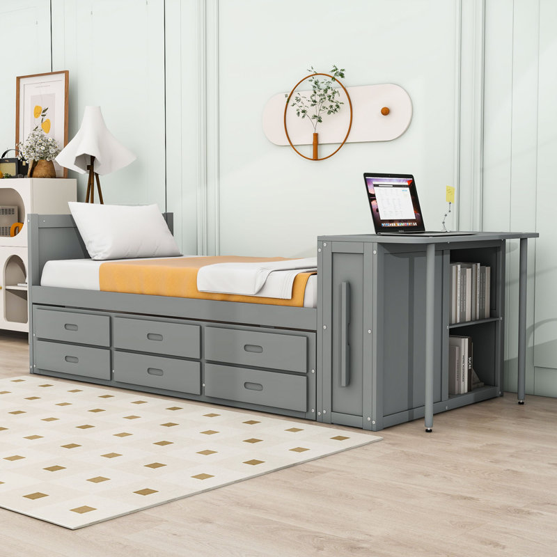 Lit plateforme simple en bois avec bureau intégré et 3 tiroirs et lit gigogne, gris