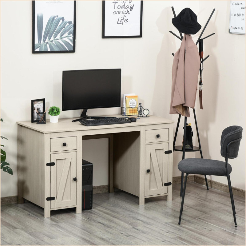 Bureaux, bureau d'ordinateur de ferme avec tiroirs de rangement Armoires, blanc crème | Panneau de fibres à densité moyenne | Crème / blanc