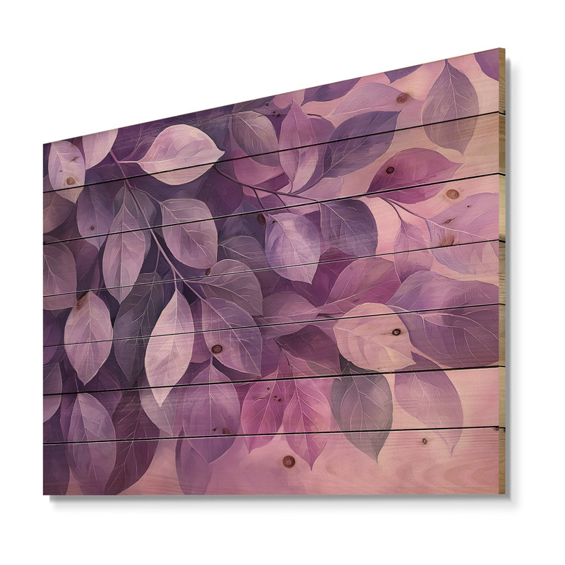 Auvent lilas avec feuilles de la forêt I - décoration murale en bois de feuilles - sur bois de pin naturel, H 24 po x l 32 po
