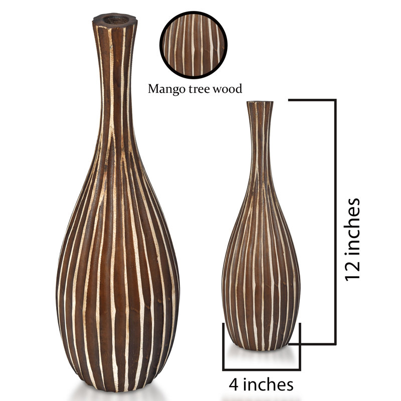  Grand vase en bois de manguier sculpté à la main avec rayures verticales