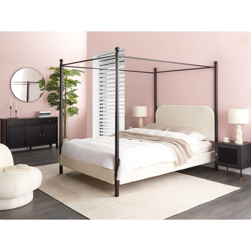 Four Poster Bed Boucle DANNEMOIS, White, European Single (90 x 200 cm)