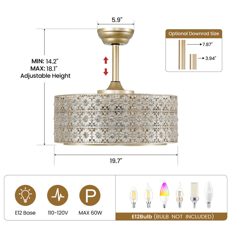 20" Caged Crystal Ceiling Fan With Remote Control, Gold