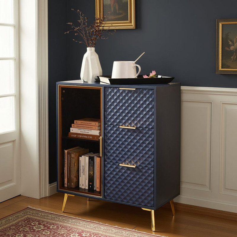 Armoire de rangement moderne - 3 tiroirs, 2 tablettes, conception géométrique, portes en verre?, Bleu