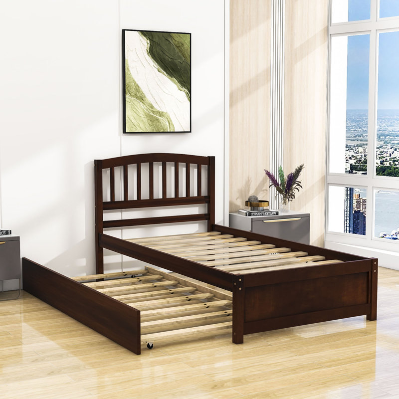 Mashud Twin Size Wood Platform Bed Frame with Trundle, Walnut