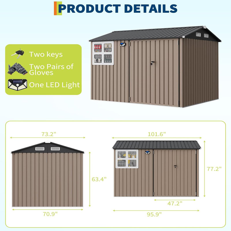 Remise à outils de jardin en métal 6 x 8 pi avec cadre mis à jour, portes et fenêtres verrouillables, Brun
