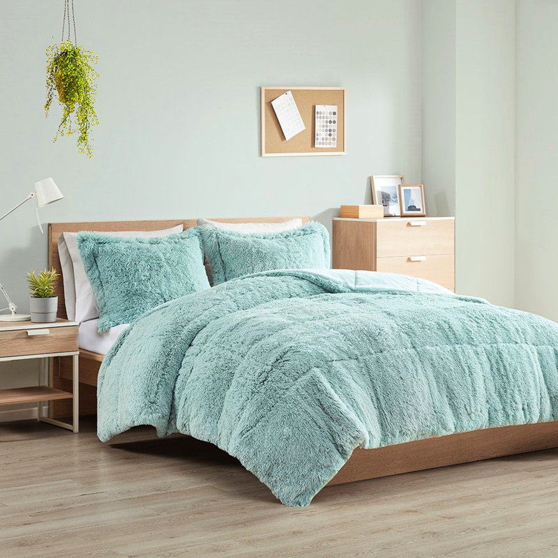Édredon très long à poil long très grand et très doux - bleu avec rembourrage inversé doux l 104 po x L 90 po 2 taies décoratives incluses L 20 po x L 36 po + P 2 po