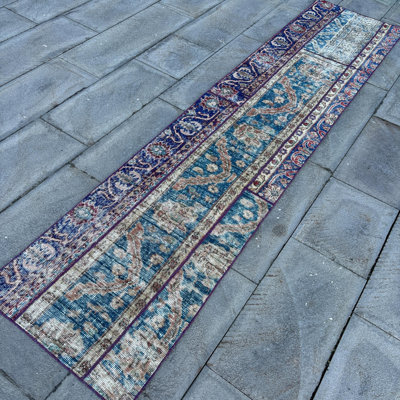 Vintage Turkish Oushak Wool Runner Rug with Unique Blue Patchwork for Corridors