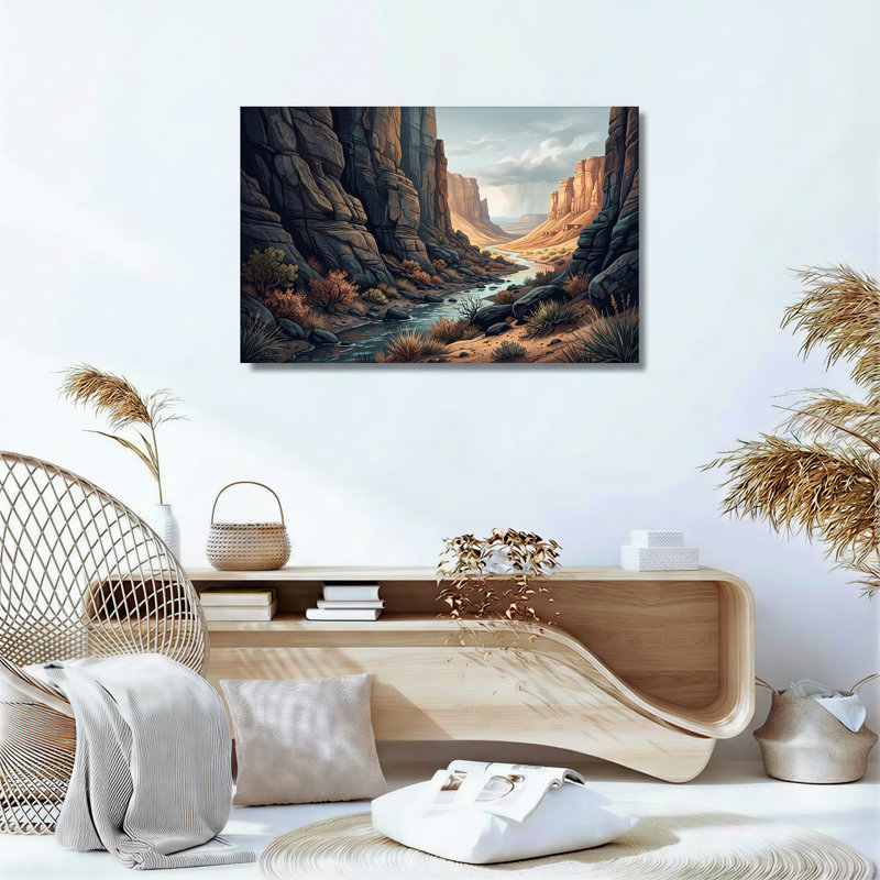 " Canyon River Scene With Tall Rock Walls And Desert Bushes " Painting Print, 32"H x 48"W