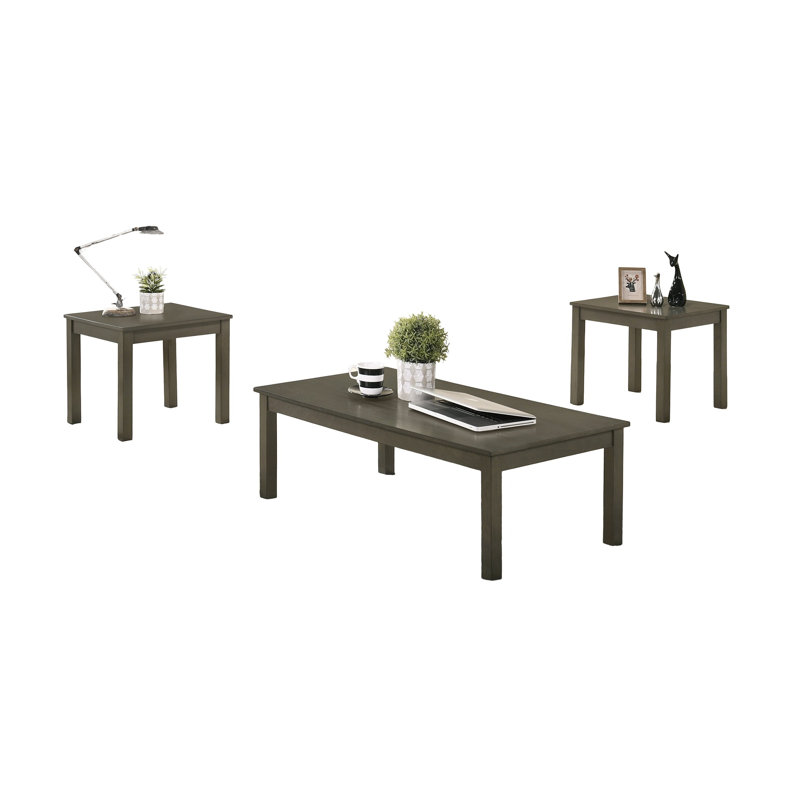 Dark Gray Rubberwood & MDF 3-Piece Coffee Table Set with Rectangular Coffee Table and Two End Tables