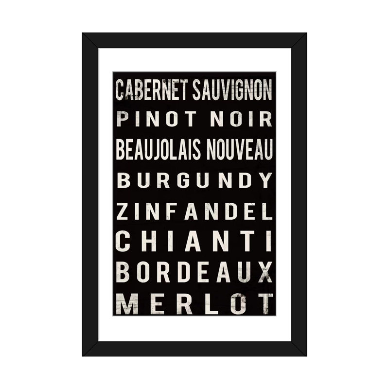«Wine», art textuel sur toile, H 24 po x l 16 po x P 1 po, Papier d'art encadré noir, Blanc