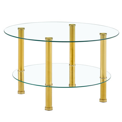 Contemporary Minimalist Double - Layer Tempered Glass Coffee Table: 27.5” Top & 23.6” Bottom, Reinforced Glass Surface, Stainless Steel Gold - Plated by YOPENG