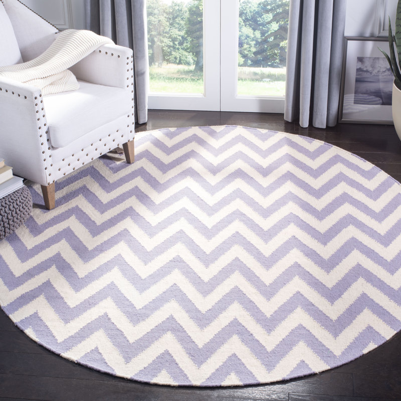 Emek Hand Woven Flat Weave Wool/Cotton Chevron Rug in Purple/Ivory, Round 6'