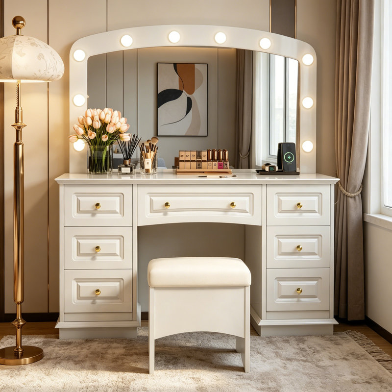 Meuble-lavabo luxueux avec 10 ampoules Hollywood, 3 modes d'éclairage couleur et 9 tiroirs de rangement pour la chambre à coucher