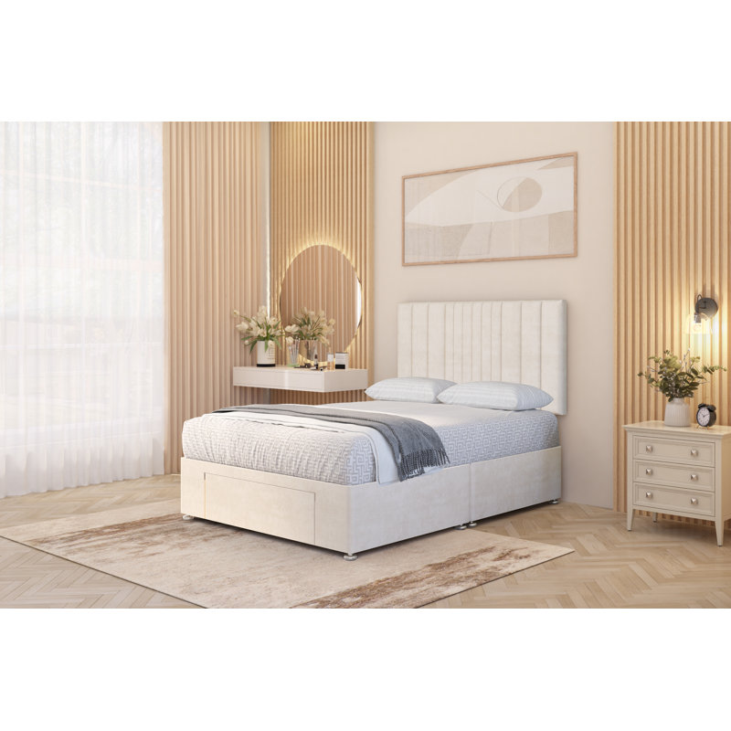 Alyssa Velvet Divan Bed Set Sprung Memory Foam Mattress & Headboard with Drawers, Kingsize (5'), Ivory, 1 Draw