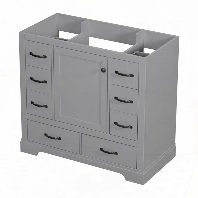 Meuble-lavabo de salle de bain sans lavabo, base d'armoire seulement avec 6 tiroirs, Gris, Noir