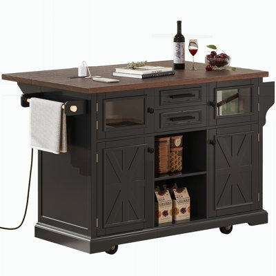 Kitchen Island with Drop Leaf, Power Outlet, Kitchen Storage Cart with 4 Door Shelves