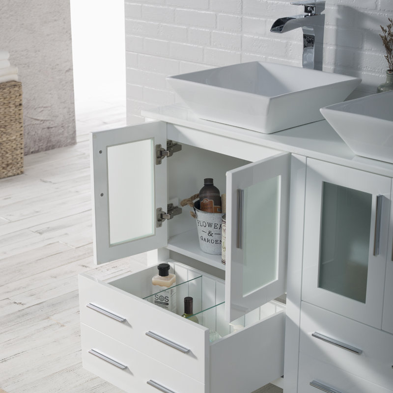 Mance 47.625'' Double Bathroom Vanity with Ceramic Top with Mirror, Glossy White