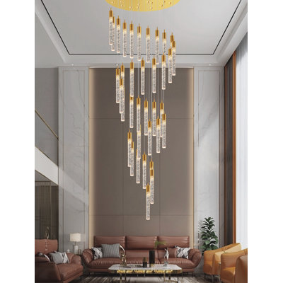 Adelo 12.5ft Gold 36-Lights Staircase Crystal Chandeliers Bubble Column LED Dimmable 3000-6000K