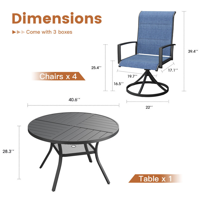 4-Person Patio Dining Set with Metal Round Dining Table and Padded Swivel Chairs, Black/Navy