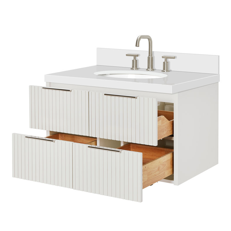 Meuble-lavabo mural simple ovale 36 po avec comptoir à quartz blanc pur 1,5 po Mulloy, Ovale, Blanc chaud